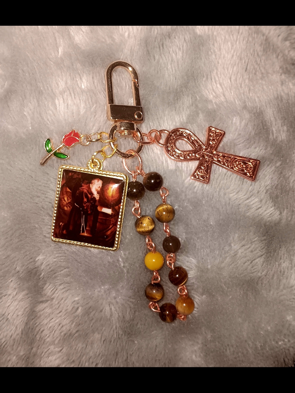 Rose & Ankh Keychain with Tiger Eye Beads - Gold & Copper Tones